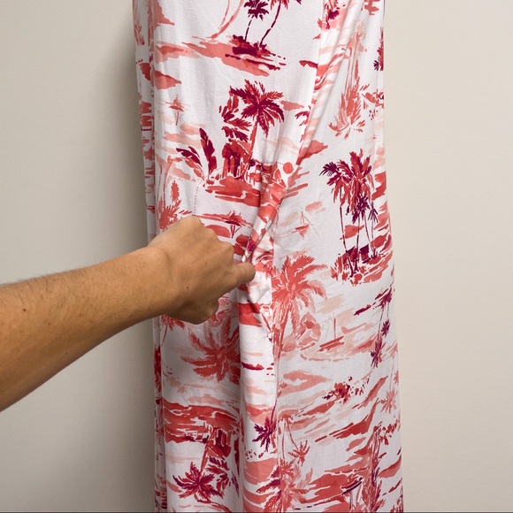 Cuddl Duds White Coral Beach Scape V Neck Sleeveless Midi Dress Large Palm Trees - Picture 6 of 11